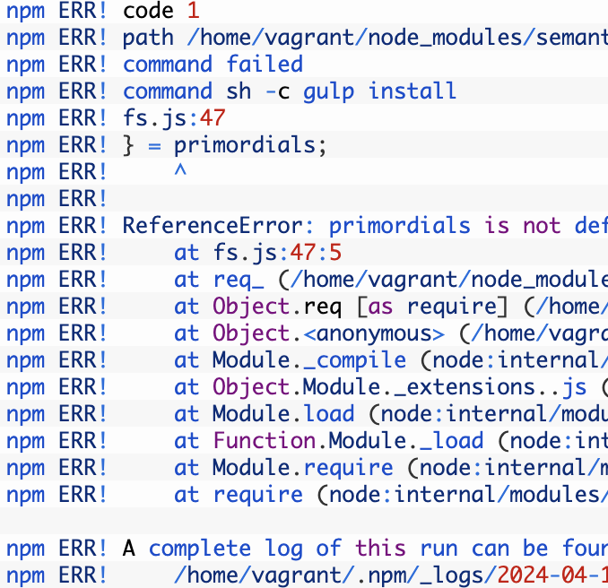 「npm install」「npm ci」時に「npm ERR! command sh c gulp install npm ERR