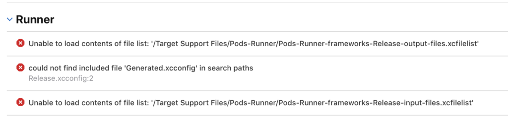 Xcode CloudでUnable to load contents of file list: '/Target Support Files/Pods-Runner/Pods-Runner-frameworks-Release-output-files.xcfilelist'